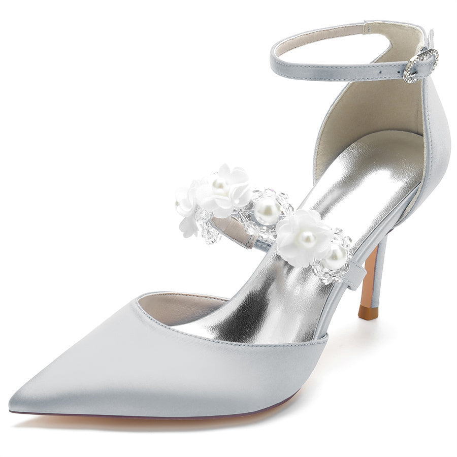 Bridal High Heel Shoes for Women with Pointed Toe Pearls & Flowers