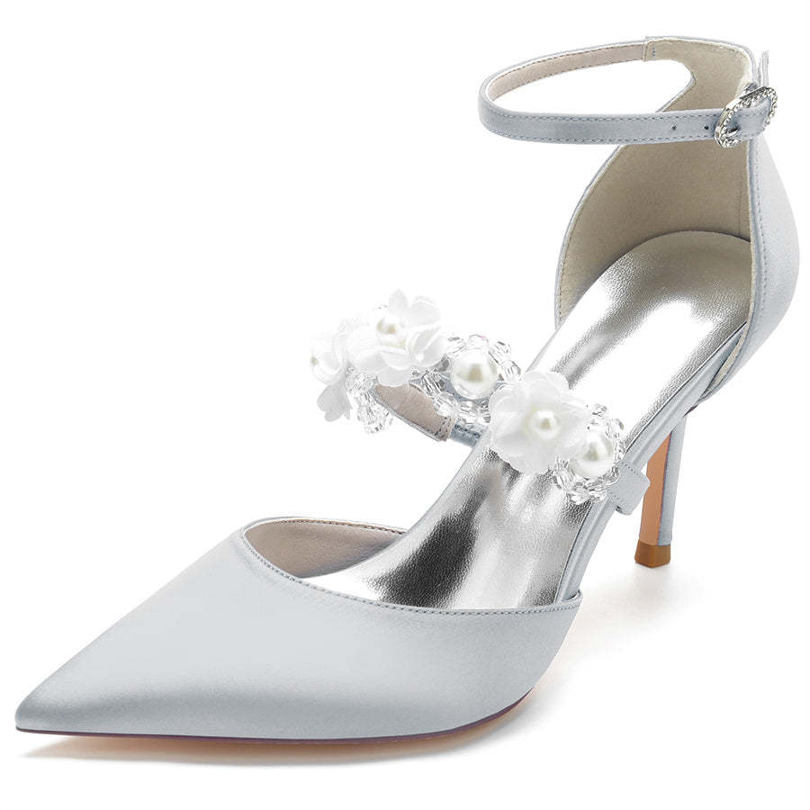 Bridal High Heel Shoes for Women with Pointed Toe Pearls & Flowers
