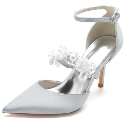 Bridal High Heel Shoes for Women with Pointed Toe Pearls & Flowers
