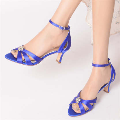 Bridal Shoes for Women with Mid Heel Opened Toe and Crystal Flower Details
