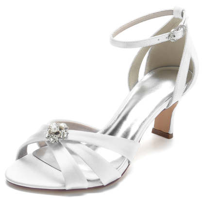 Bridal Shoes for Women with Mid Heel Opened Toe and Crystal Flower Details