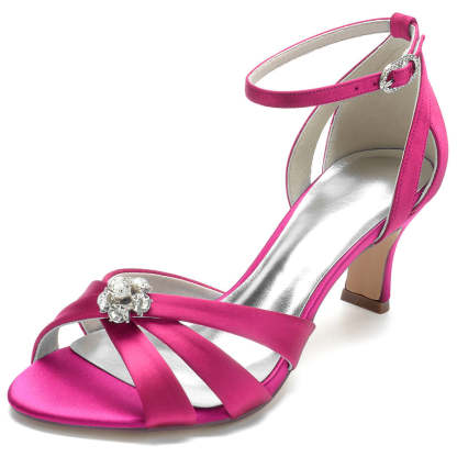 Bridal Shoes for Women with Mid Heel Opened Toe and Crystal Flower Details
