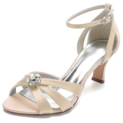 Bridal Shoes for Women with Mid Heel Opened Toe and Crystal Flower Details
