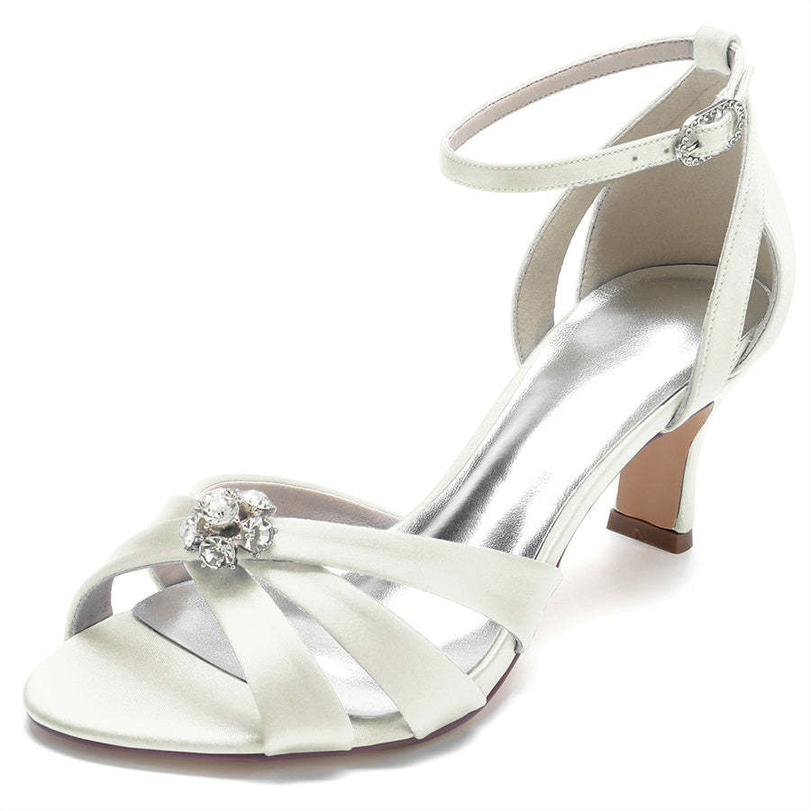 Bridal Shoes for Women with Mid Heel Opened Toe and Crystal Flower Details
