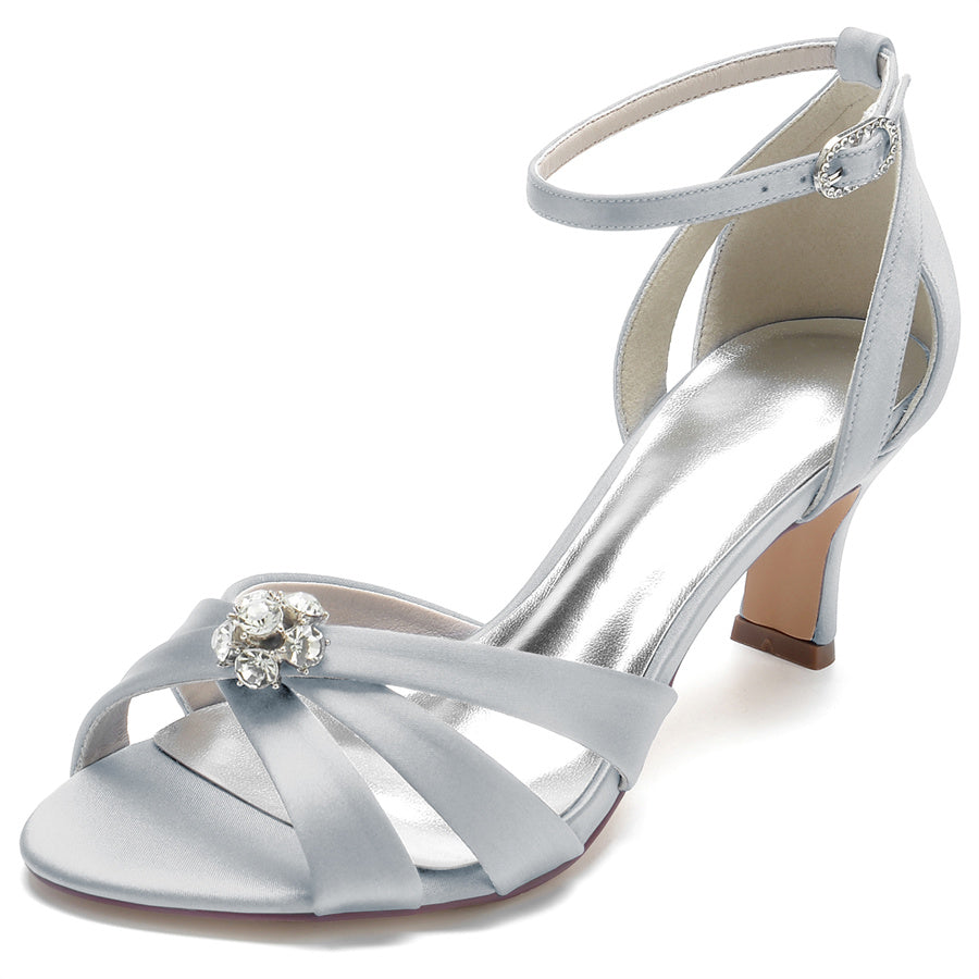 Bridal Shoes for Women with Mid Heel Opened Toe and Crystal Flower Details