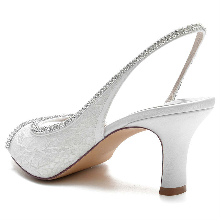 Elegant Peep Toe Mid Heel Wedding Shoes for Women with Lace and Crystals