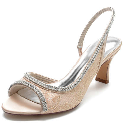 Elegant Peep Toe Mid Heel Wedding Shoes for Women with Lace and Crystals