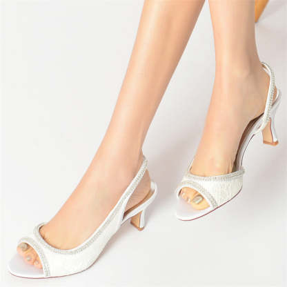 Elegant Peep Toe Mid Heel Wedding Shoes for Women with Lace and Crystals