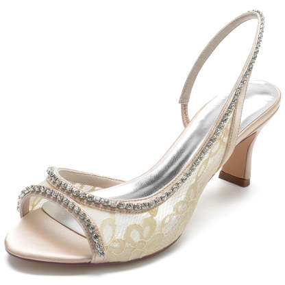 Elegant Lace Bridal Shoes for Women with Peep Toe and Mid Heel Adorned with Crystals