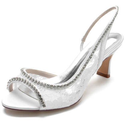 Elegant Lace Bridal Shoes for Women with Peep Toe and Mid Heel Adorned with Crystals