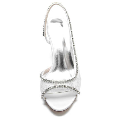 Elegant Lace Bridal Shoes for Women with Peep Toe and Mid Heel Adorned with Crystals