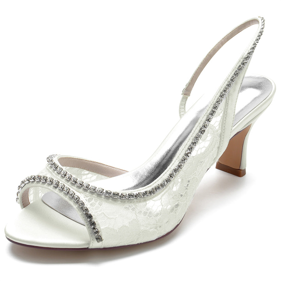 Elegant Lace Bridal Shoes for Women with Peep Toe and Mid Heel Adorned with Crystals