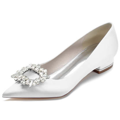 Bridal Shoes for Women with Pointed Toe Low Heel and Square Crystals