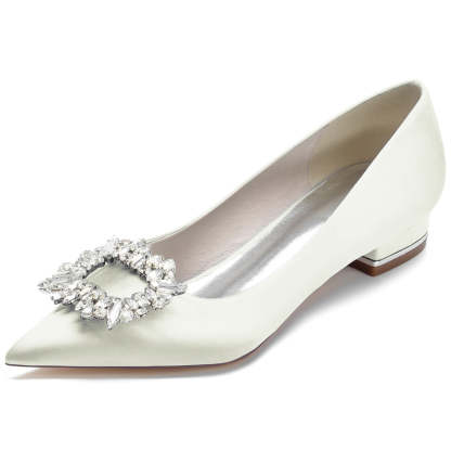 Bridal Shoes for Women with Pointed Toe Low Heel and Square Crystals