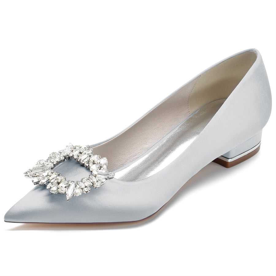 Bridal Shoes for Women with Pointed Toe Low Heel and Square Crystals