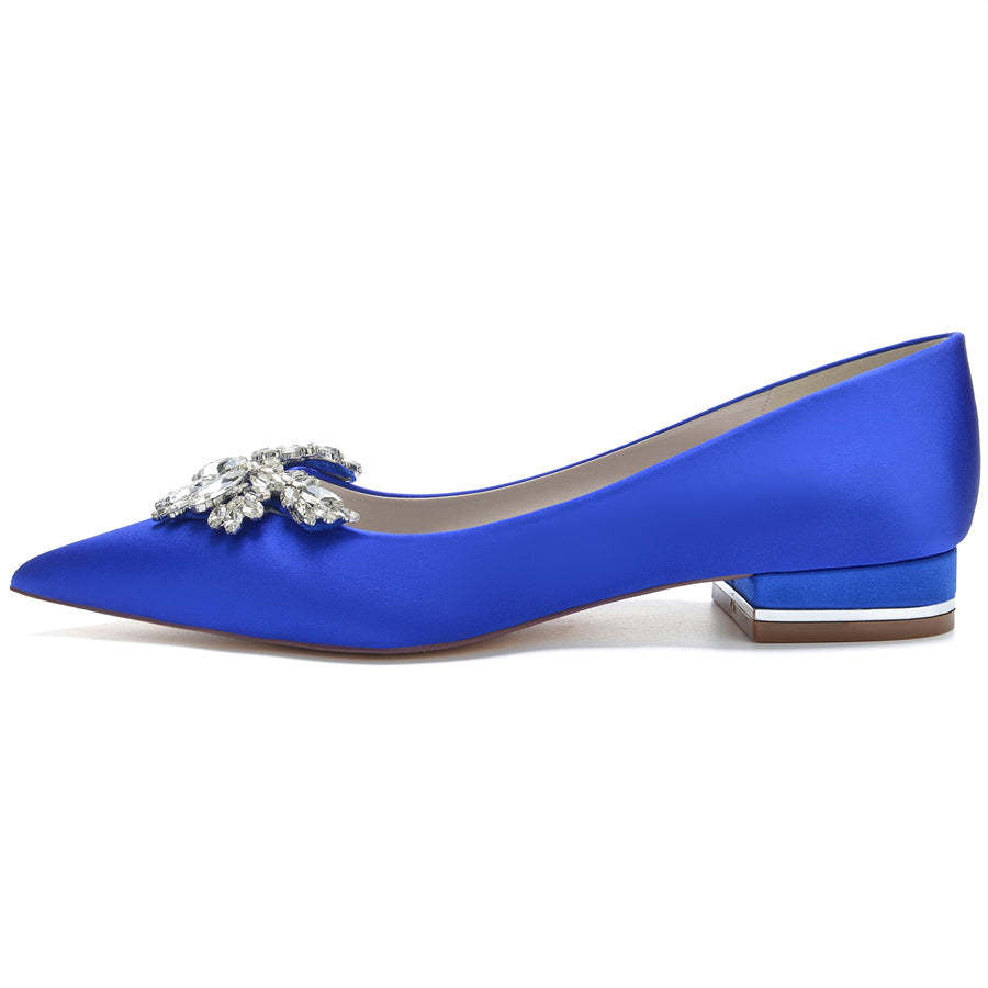 Bridal Shoes for Women in Silk Satin with Rhinestones Pointed Toe and Low Heel