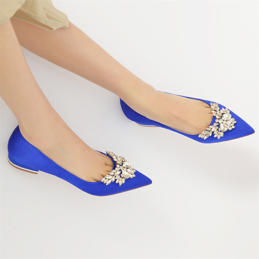 Bridal Shoes for Women in Silk Satin with Rhinestones Pointed Toe and Low Heel