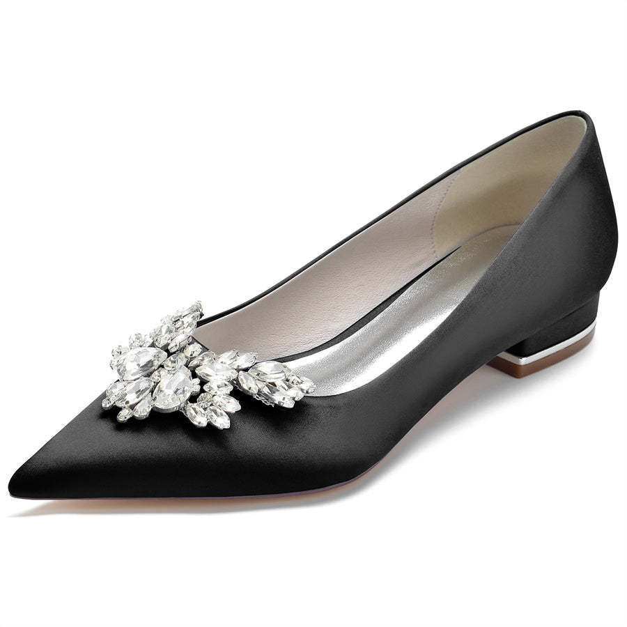 Bridal Shoes for Women in Silk Satin with Rhinestones Pointed Toe and Low Heel