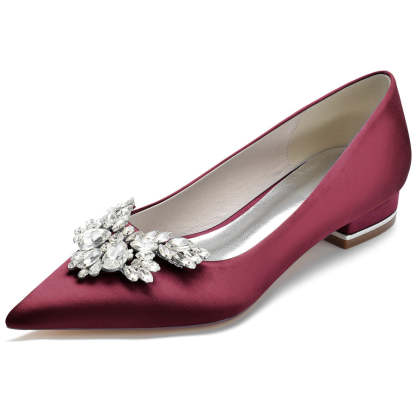 Bridal Shoes for Women in Silk Satin with Rhinestones Pointed Toe and Low Heel