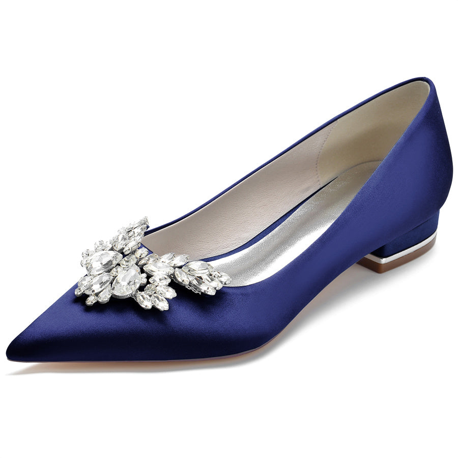 Bridal Shoes for Women in Silk Satin with Rhinestones Pointed Toe and Low Heel