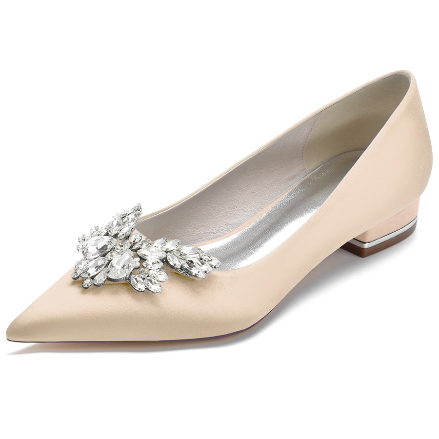 Bridal Shoes for Women in Silk Satin with Rhinestones Pointed Toe and Low Heel