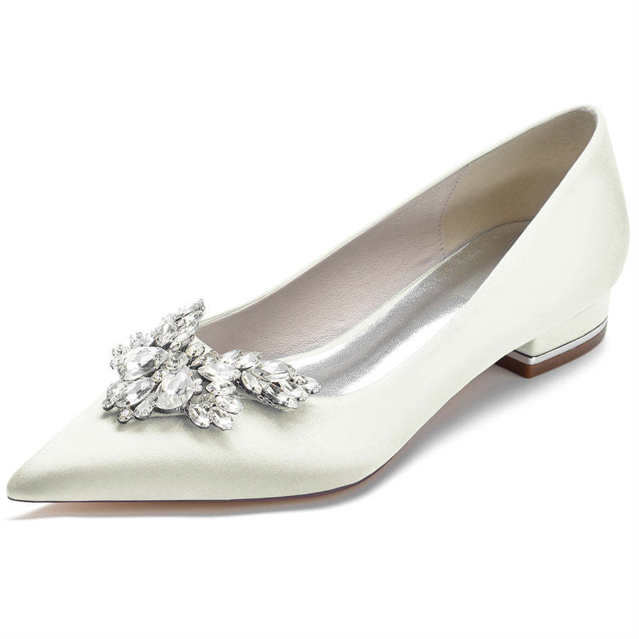 Bridal Shoes for Women in Silk Satin with Rhinestones Pointed Toe and Low Heel