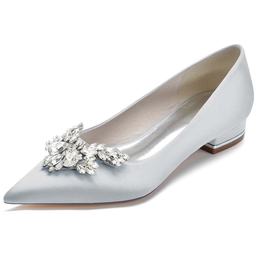 Bridal Shoes for Women in Silk Satin with Rhinestones Pointed Toe and Low Heel