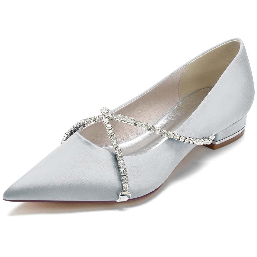 Bridal Shoes for Women with Criss Cross Crystals Pointed Toe and Low Heel