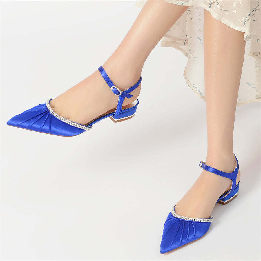 Bridal Shoes for Women with Crystals Pointed Toe and Pleated Low Heel