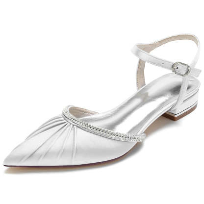 Bridal Shoes for Women with Crystals Pointed Toe and Pleated Low Heel