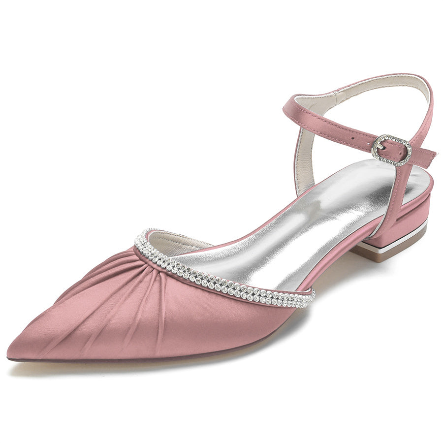 Bridal Shoes for Women with Crystals Pointed Toe and Pleated Low Heel