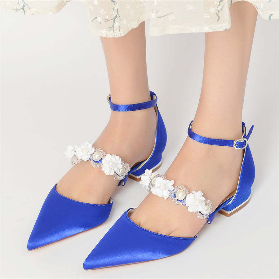 Bridal Shoes for Women with Pearls & Flowers Pointed Toe and Low Heel