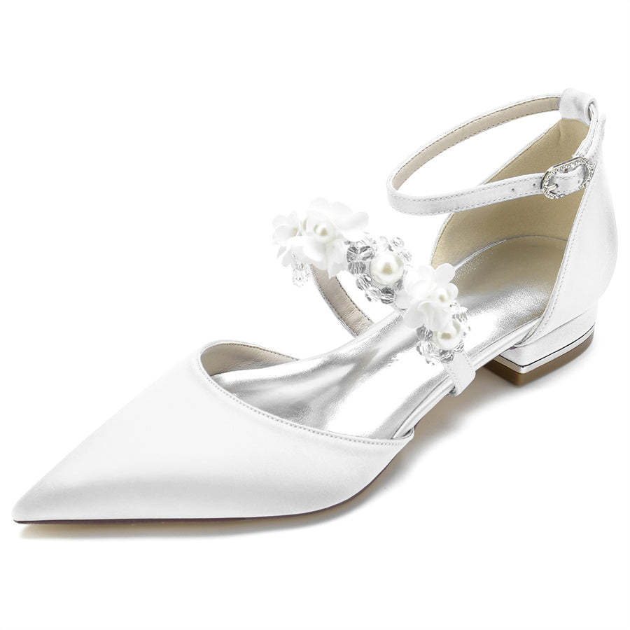 Bridal Shoes for Women with Pearls & Flowers Pointed Toe and Low Heel