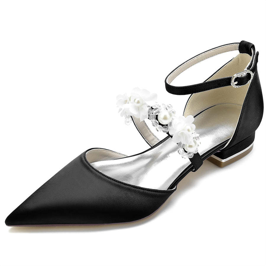 Bridal Shoes for Women with Pearls & Flowers Pointed Toe and Low Heel