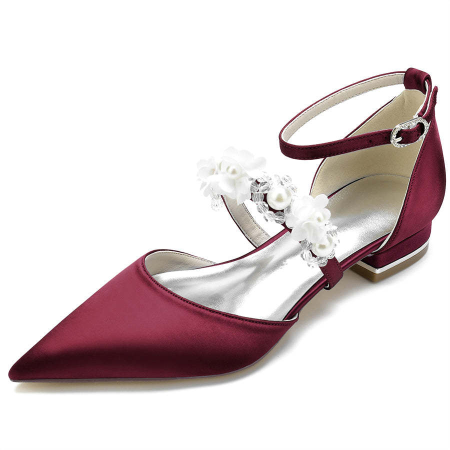 Bridal Shoes for Women with Pearls & Flowers Pointed Toe and Low Heel