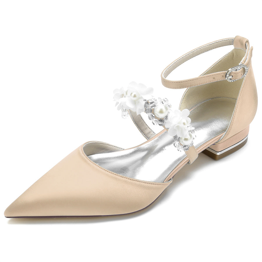 Bridal Shoes for Women with Pearls & Flowers Pointed Toe and Low Heel