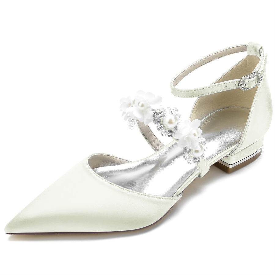 Bridal Shoes for Women with Pearls & Flowers Pointed Toe and Low Heel
