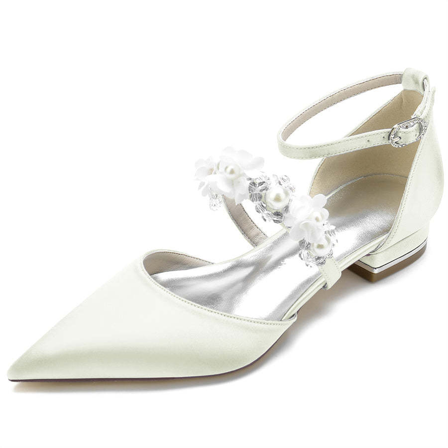 Bridal Shoes for Women with Pearls & Flowers Pointed Toe and Low Heel