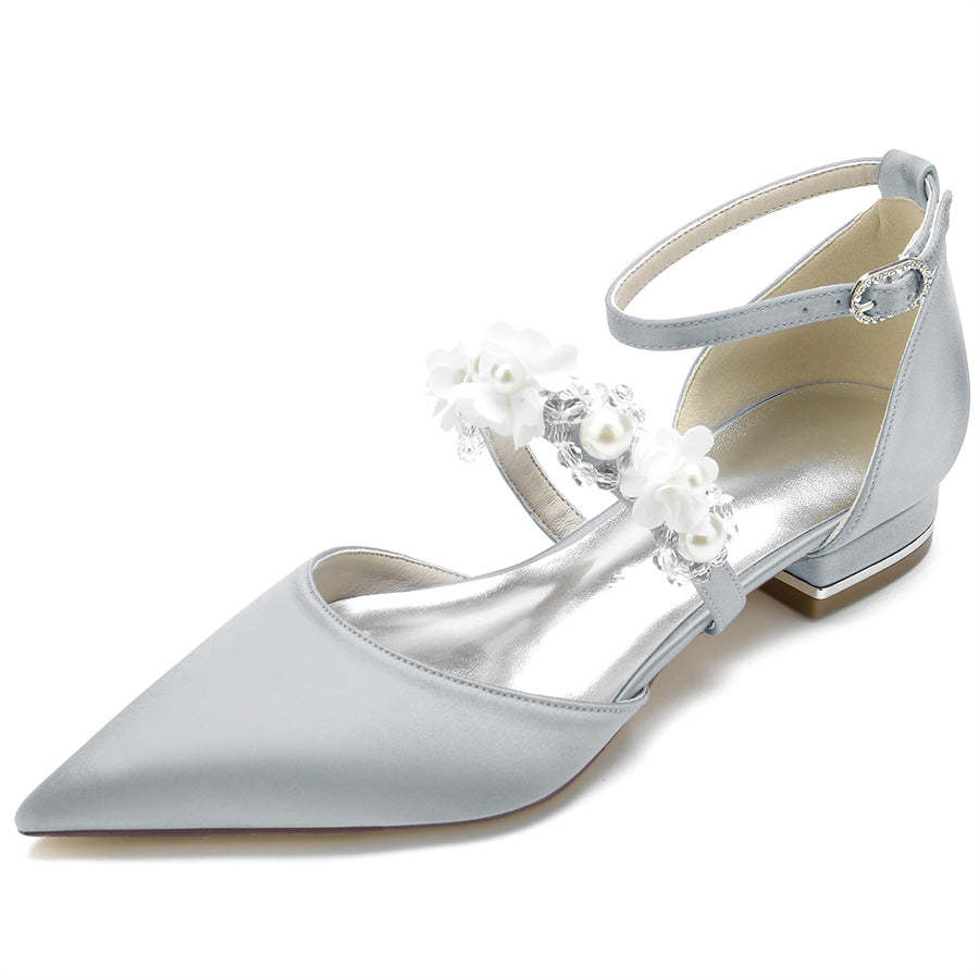 Bridal Shoes for Women with Pearls & Flowers Pointed Toe and Low Heel