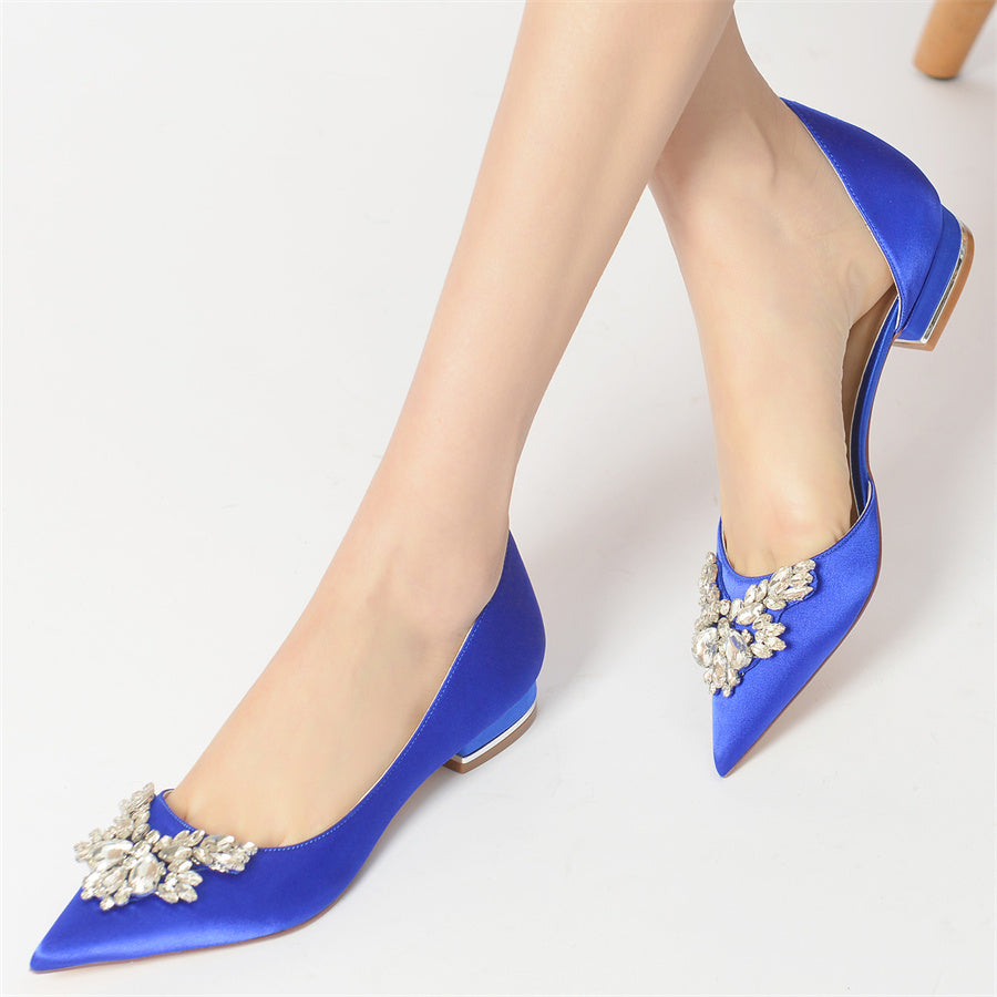 Bridal Shoes for Women in Silk Satin with Rhinestones Pointed Toe and Low Heel