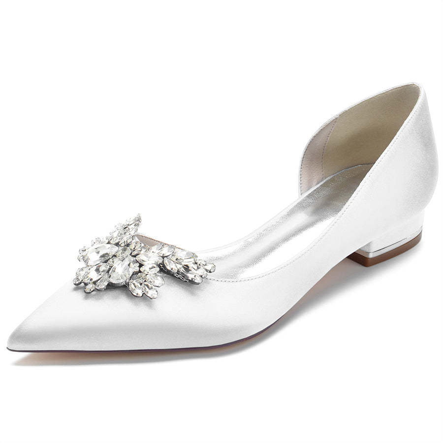 Bridal Shoes for Women in Silk Satin with Rhinestones Pointed Toe and Low Heel