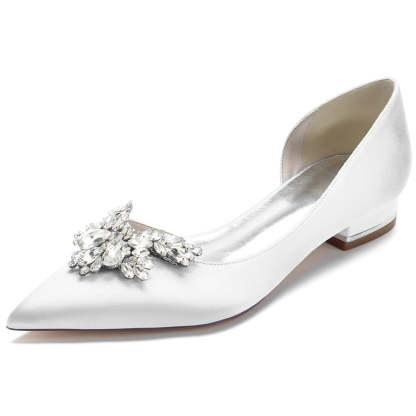Bridal Shoes for Women in Silk Satin with Rhinestones Pointed Toe and Low Heel