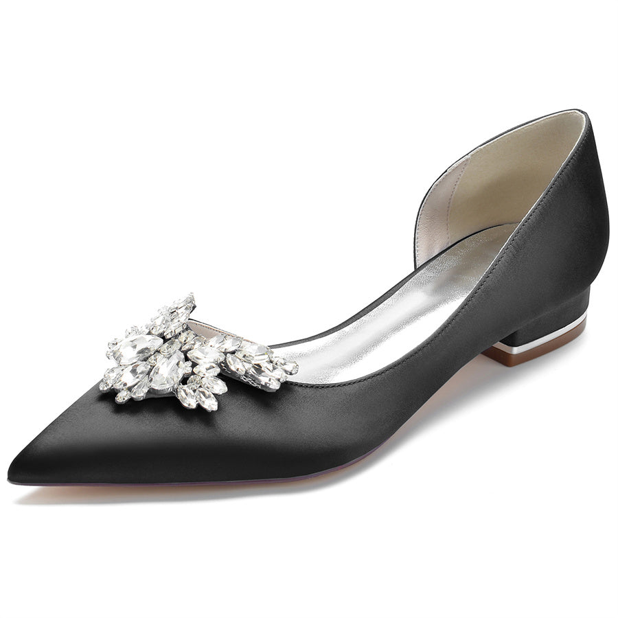 Bridal Shoes for Women in Silk Satin with Rhinestones Pointed Toe and Low Heel