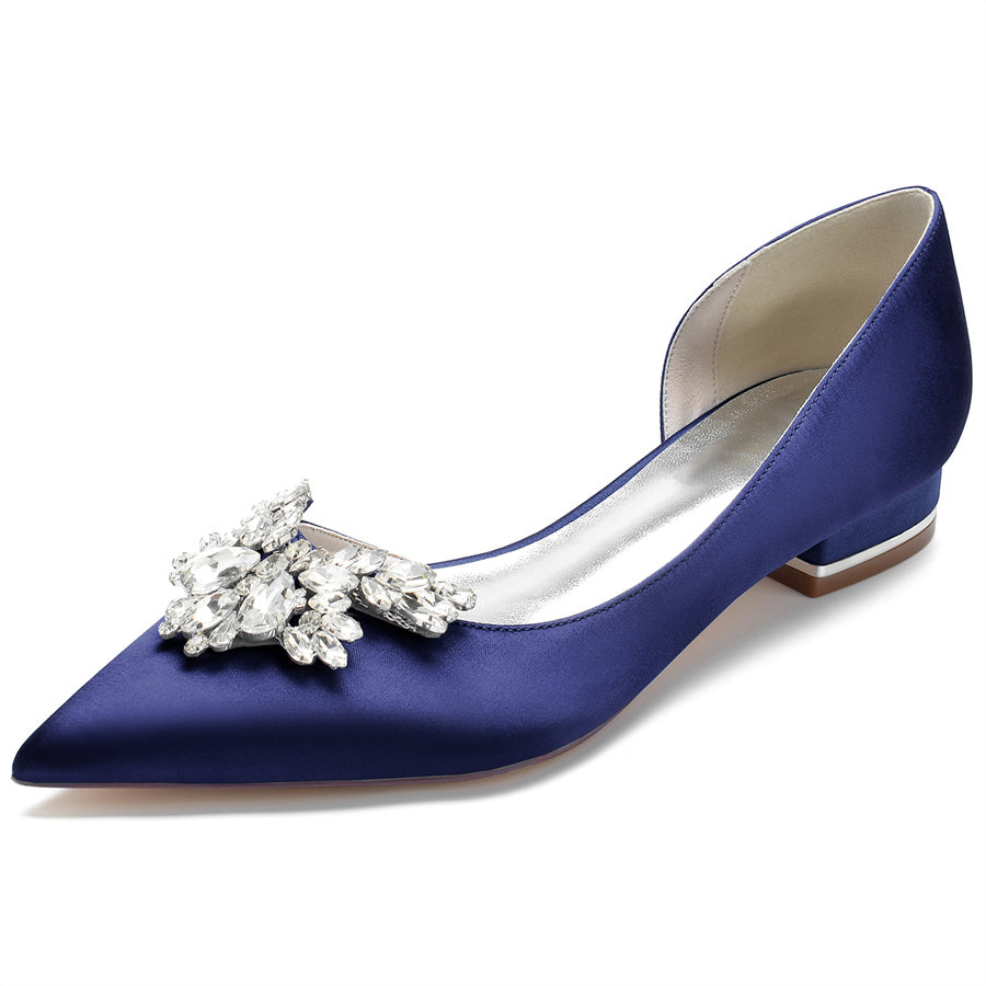 Bridal Shoes for Women in Silk Satin with Rhinestones Pointed Toe and Low Heel