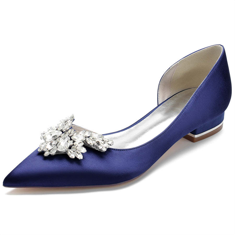 Bridal Shoes for Women in Silk Satin with Rhinestones Pointed Toe and Low Heel