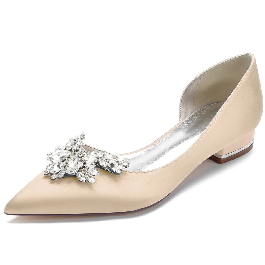 Bridal Shoes for Women in Silk Satin with Rhinestones Pointed Toe and Low Heel