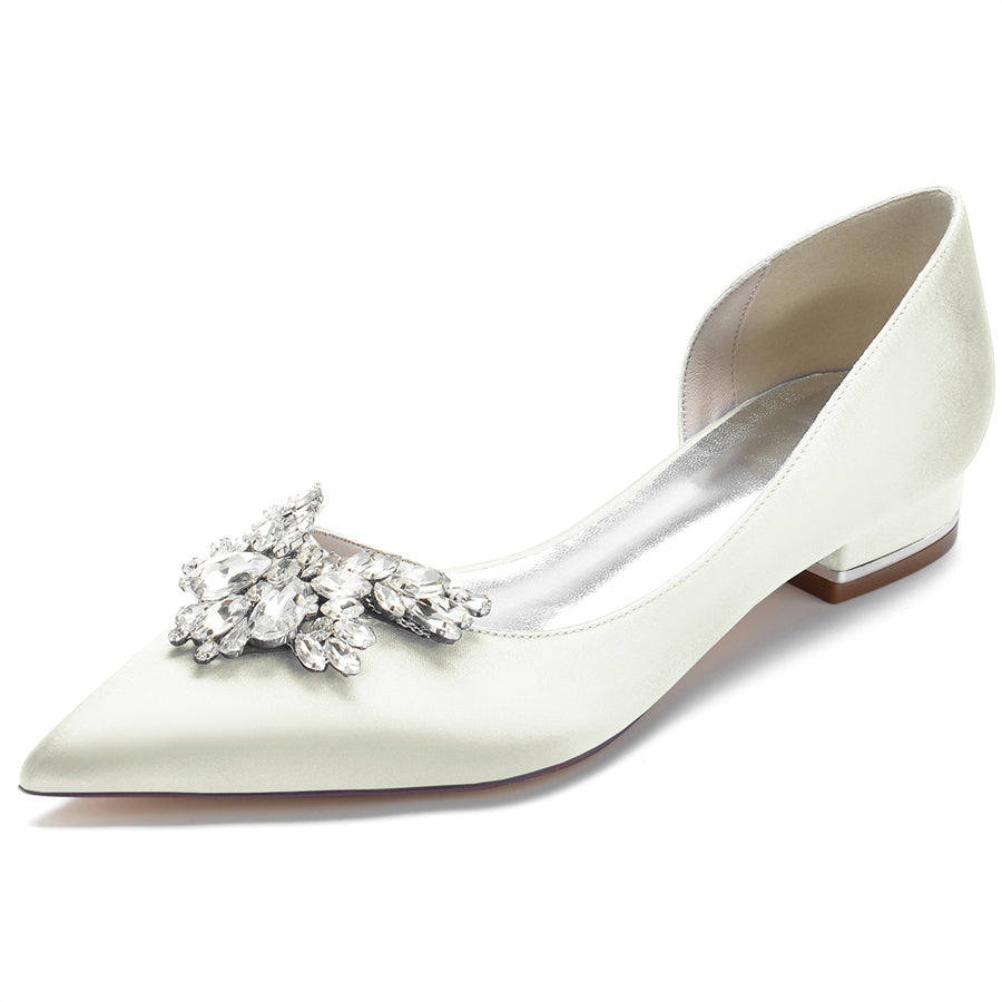 Bridal Shoes for Women in Silk Satin with Rhinestones Pointed Toe and Low Heel