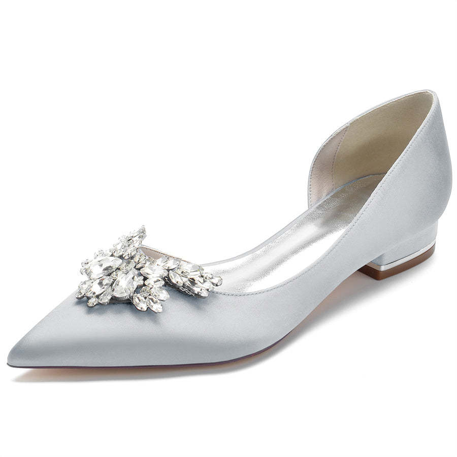 Bridal Shoes for Women in Silk Satin with Rhinestones Pointed Toe and Low Heel