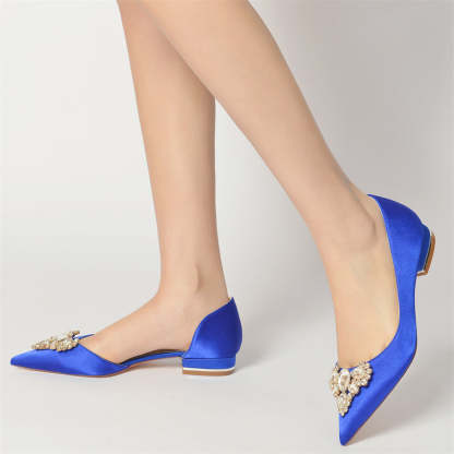 Bridal Shoes for Women with Rhinestones Low Heel Pointed Toe in Silk Satin