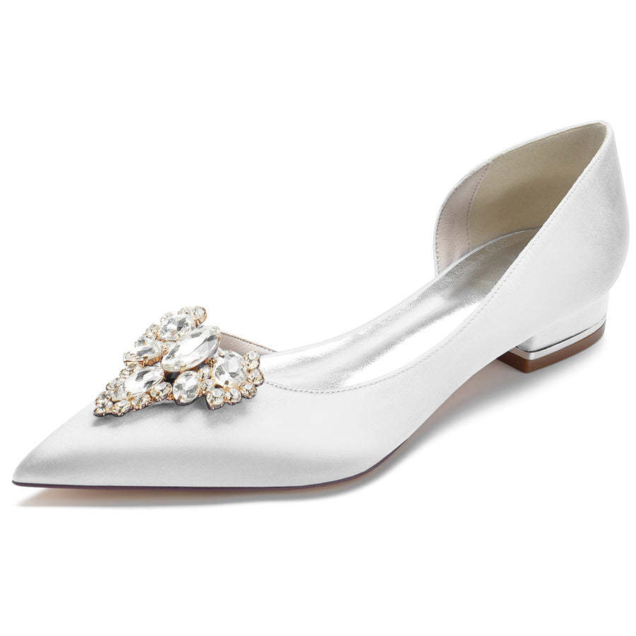 Bridal Shoes for Women with Rhinestones Low Heel Pointed Toe in Silk Satin